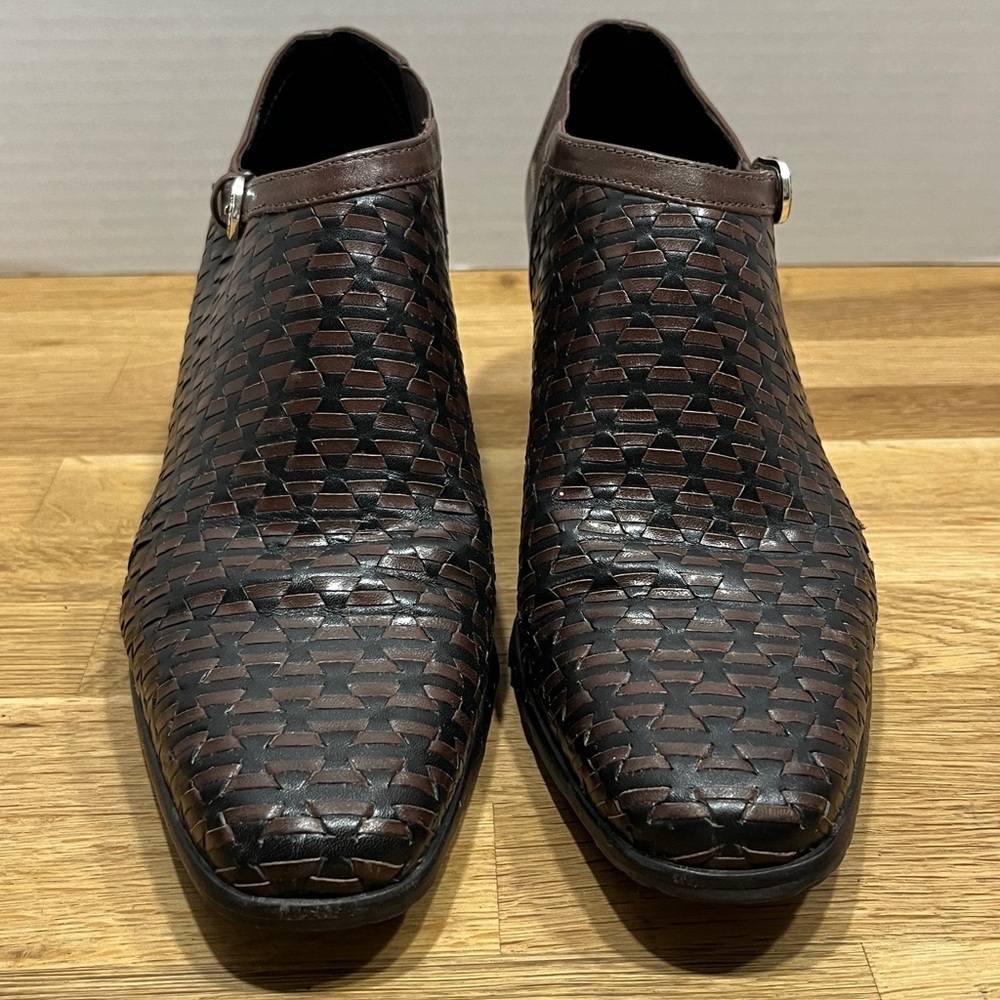 Brighton “Turner” Dark Brown & Black Woven Leather Ankle Booties Women’s Sz 8.5M - Picture 2 of 16